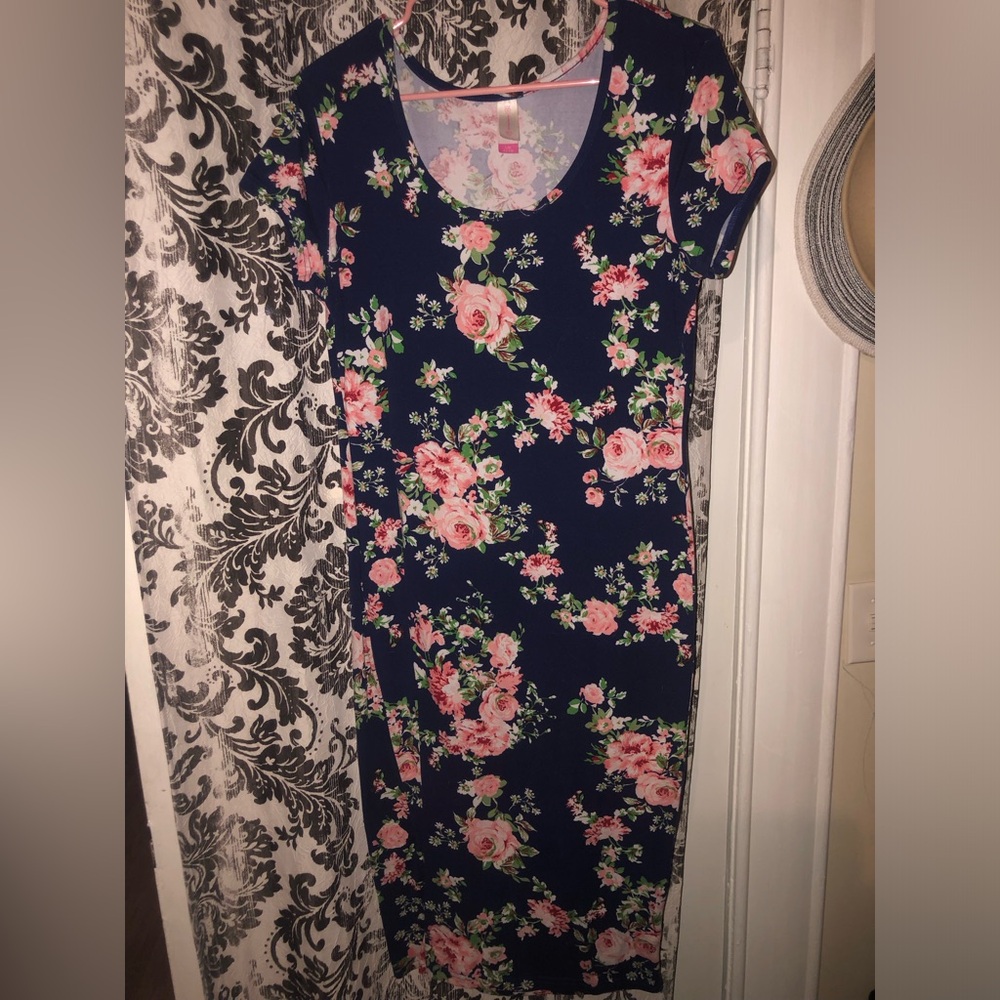 No Boundaries Navy Floral Midi Dress with Pink Roses